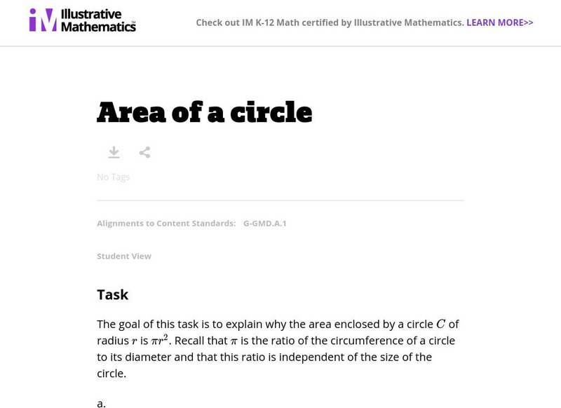 Illustrative Mathematics: G Gmd Area of a Circle Lesson Plan Illustrative Mathematics: G Gmd Area of a Circle Lesson Plan
