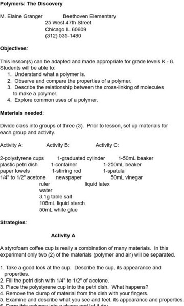 Smile: Polymers: The Discovery Lesson Plan Smile: Polymers: The Discovery Lesson Plan