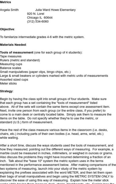 Smile: Metric System Lesson Plan Smile: Metric System Lesson Plan