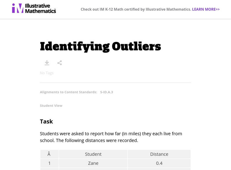 Illustrative Mathematics: S id.a.3 Identifying Outliers Lesson Plan Illustrative Mathematics: S id.a.3 Identifying Outliers Lesson Plan