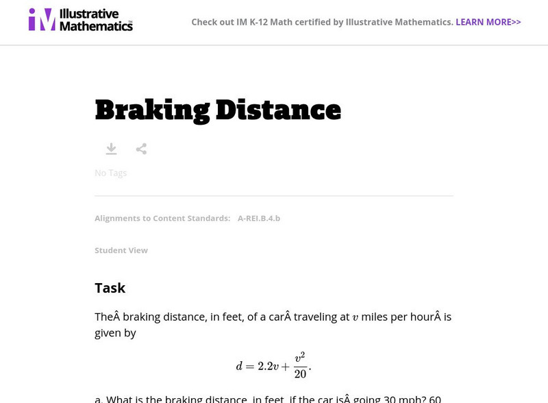 Illustrative Mathematics: A Rei: Braking Distance Lesson Plan Illustrative Mathematics: A Rei: Braking Distance Lesson Plan