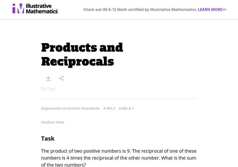 Illustrative Mathematics: A rei.c and a rei.a.1: Products and Reciprocals Lesson Plan Illustrative Mathematics: A rei.c and a rei.a.1: Products and Reciprocals Lesson Plan