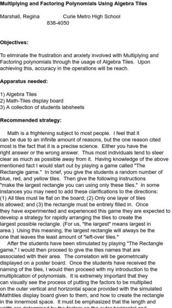 Smile: Algebra Tiles Lesson Plan Lesson Plan Smile: Algebra Tiles Lesson Plan Lesson Plan
