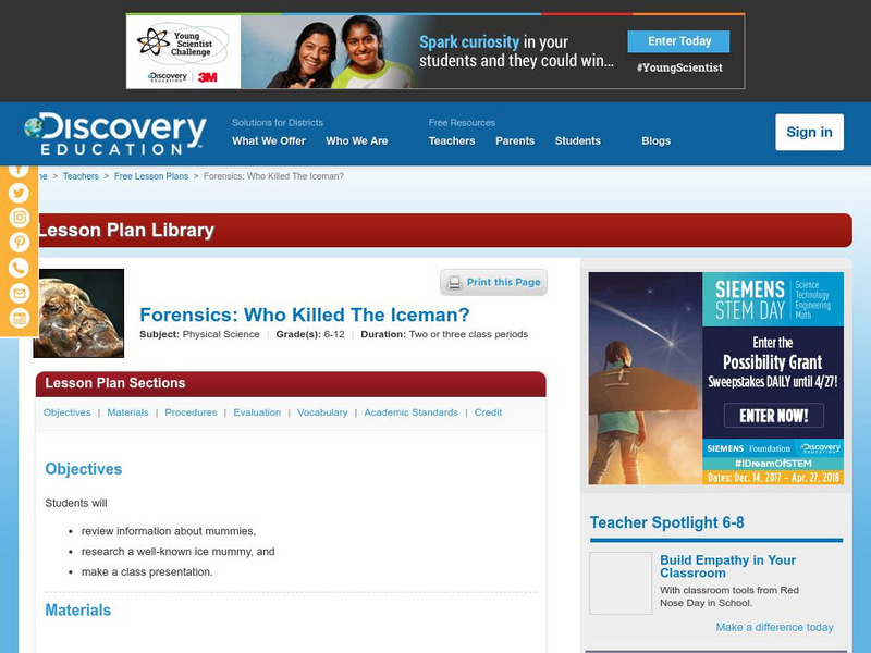Discovery Education: Who Killed the Iceman? Lesson Plan Discovery Education: Who Killed the Iceman? Lesson Plan