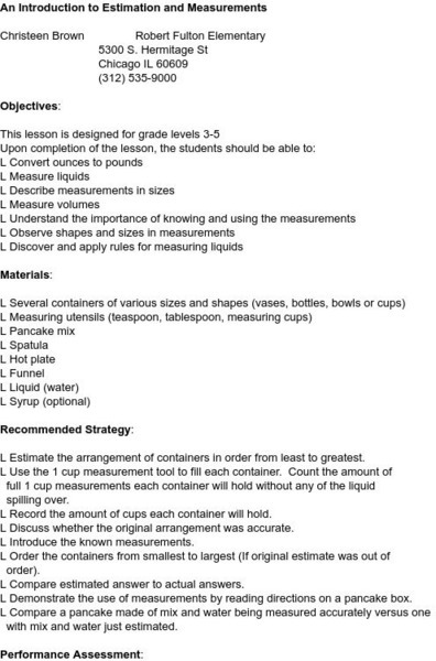 Smile: Lesson: An Introduction to Estimation and Measurements Lesson Plan