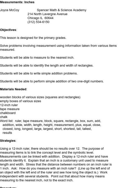Smile: Measurement Inches Lesson Plan Smile: Measurement Inches Lesson Plan
