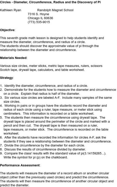 Smile: Diameter,circumference,radius & the Discovery of Pi Lesson Plan Smile: Diameter,circumference,radius & the Discovery of Pi Lesson Plan