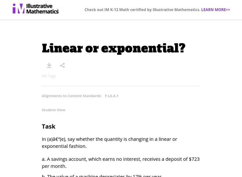 Illustrative Mathematics: F Le Linear or Exponential? Lesson Plan Illustrative Mathematics: F Le Linear or Exponential? Lesson Plan