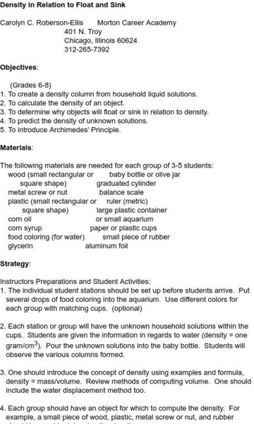 Smile: Density in Relation to Float and Sink Lesson Plan