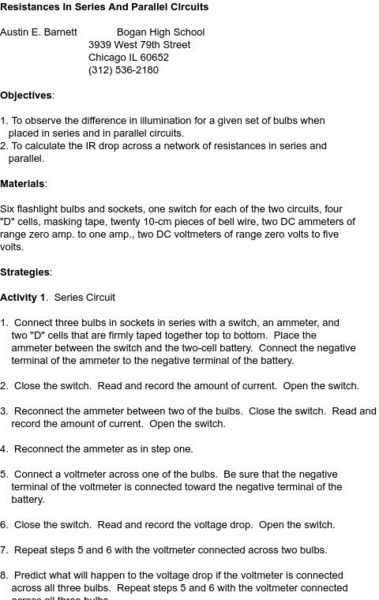 Smile: Resistances in Series and Parallel Circuits Lesson Plan for 9th ...