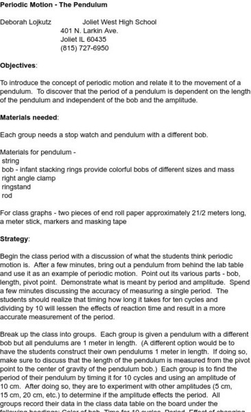 Smile: Periodic Motion, the Pendulum Lesson Plan Smile: Periodic Motion, the Pendulum Lesson Plan