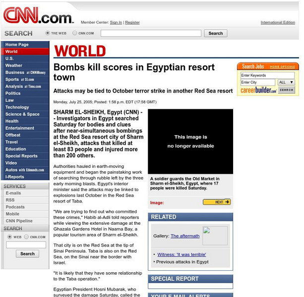 Cnn: Bombs Kill Scores in Egyptian Resort Town Website