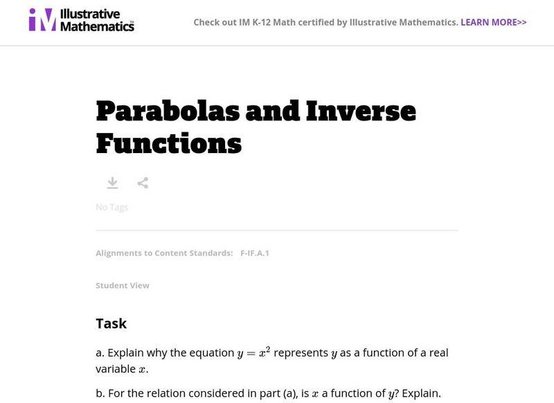 Illustrative Mathematics: F if Parabolas and Inverse Functions Lesson Plan Illustrative Mathematics: F if Parabolas and Inverse Functions Lesson Plan
