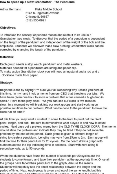Smile: How to Speed Up a Slow Grandfather: The Pendulum Lesson Plan Smile: How to Speed Up a Slow Grandfather: The Pendulum Lesson Plan