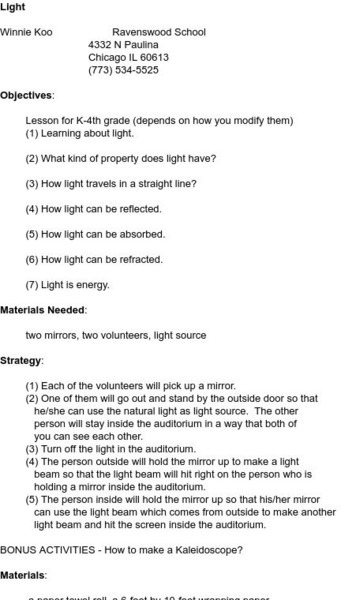 Smile: Light (K 4) Lesson Plan Smile: Light (K 4) Lesson Plan