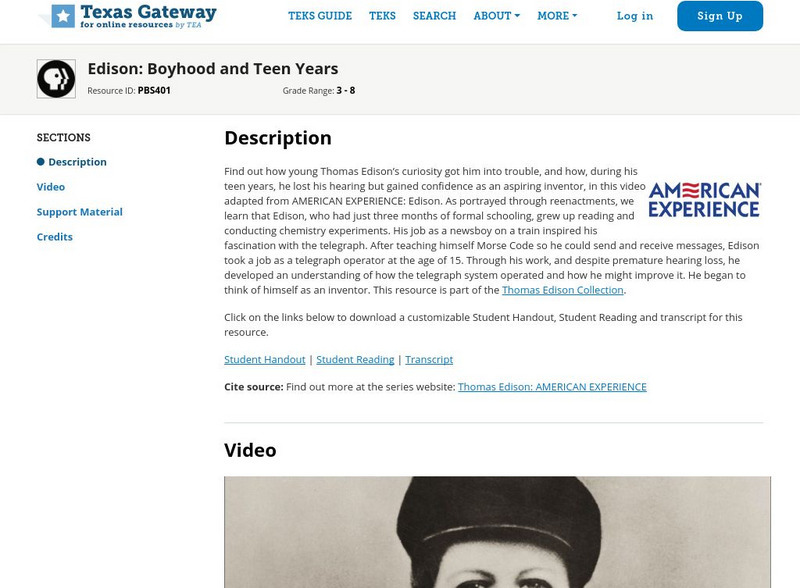 Texas Gateway: Edison: Boyhood and Teen Years Instructional Video
