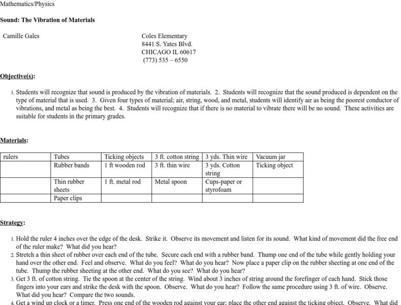 Smile: Sound, the Vibration of Materials Lesson Plan Smile: Sound, the Vibration of Materials Lesson Plan