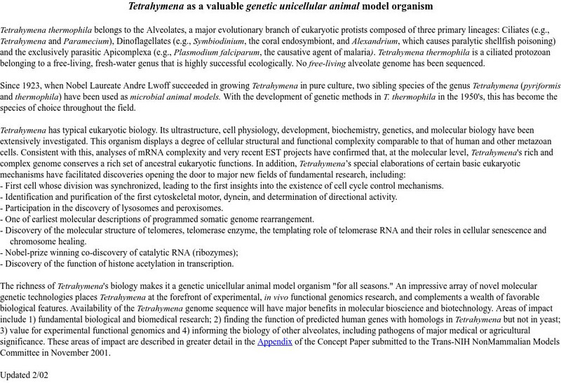 Tetrahymena as a Unicellular Model Organism Handout Tetrahymena as a Unicellular Model Organism Handout