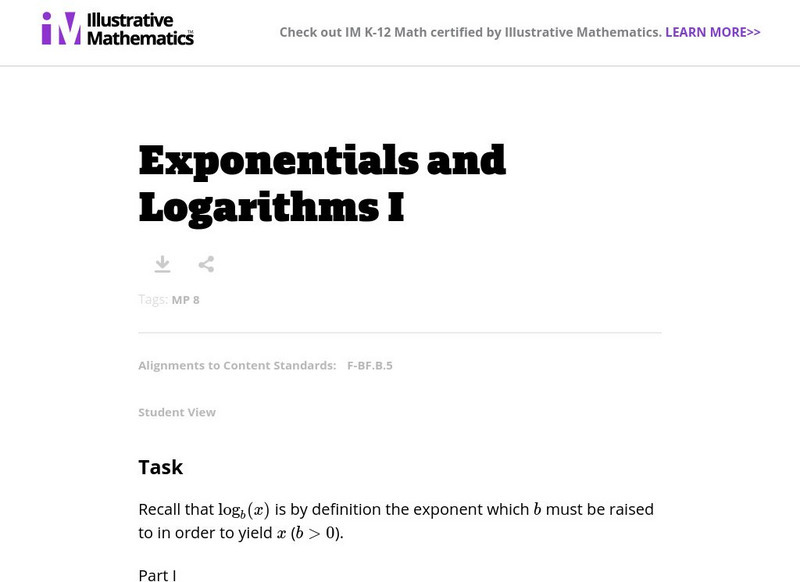 Illustrative Mathematics: F Bf Exponentials and Logarithms I Lesson Plan Illustrative Mathematics: F Bf Exponentials and Logarithms I Lesson Plan