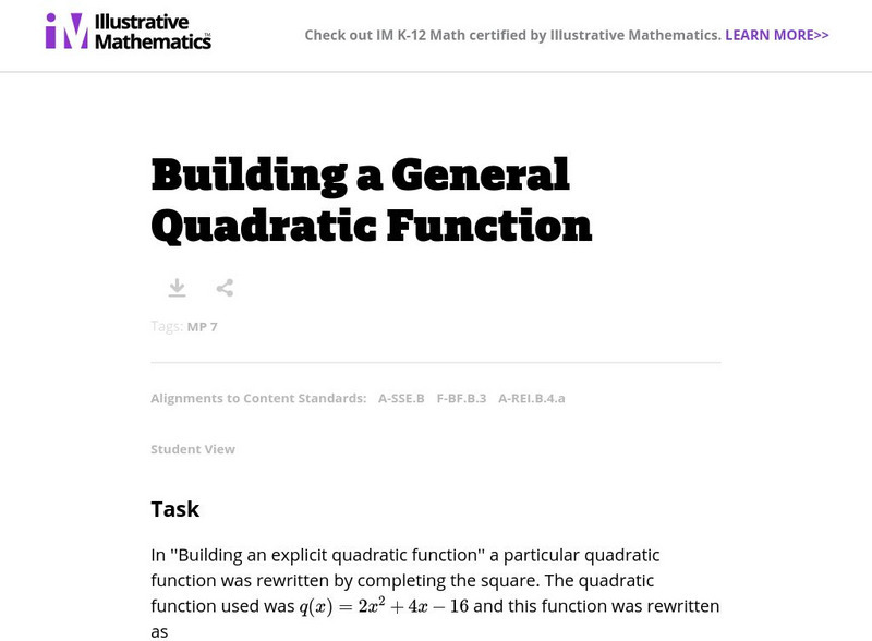 Illustrative Mathematics: F Bf, a Sse Building a General Quadratic Function Lesson Plan Illustrative Mathematics: F Bf, a Sse Building a General Quadratic Function Lesson Plan