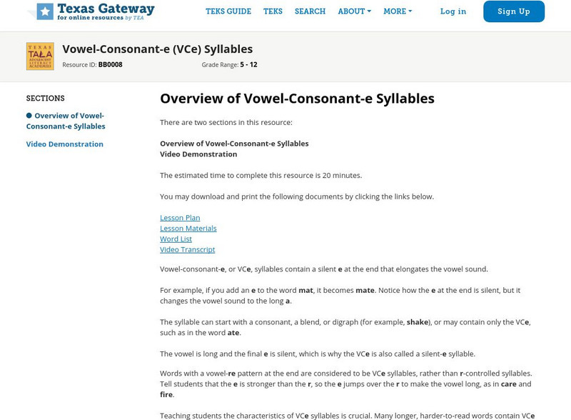 Texas Gateway: Overview of Vowel Consonant E Syllables Professional Doc
