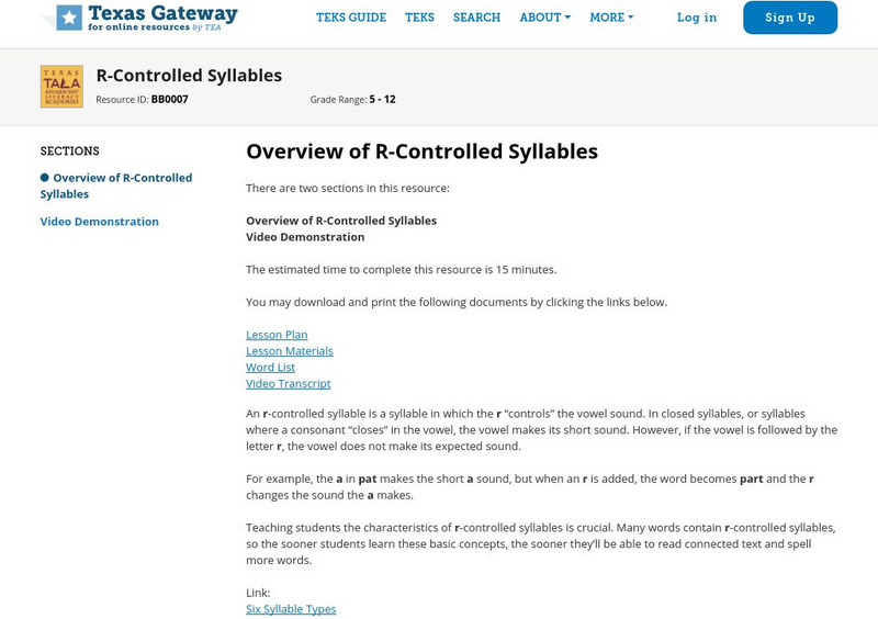 Texas Gateway: Overview of R Controlled Syllables Professional Doc