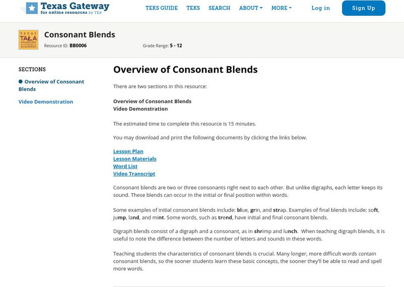 Texas Gateway: Overview of Consonant Blends Professional Doc Texas Gateway: Overview of Consonant Blends Professional Doc