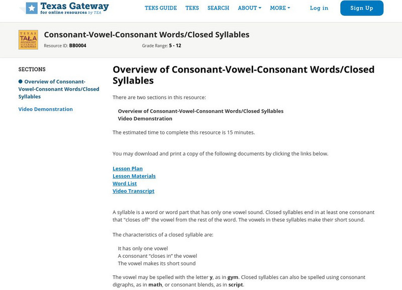 Texas Gateway: Overview of Consonant Vowel Consonant Words/closed Syllables Professional Doc Texas Gateway: Overview of Consonant Vowel Consonant Words/closed Syllables Professional Doc