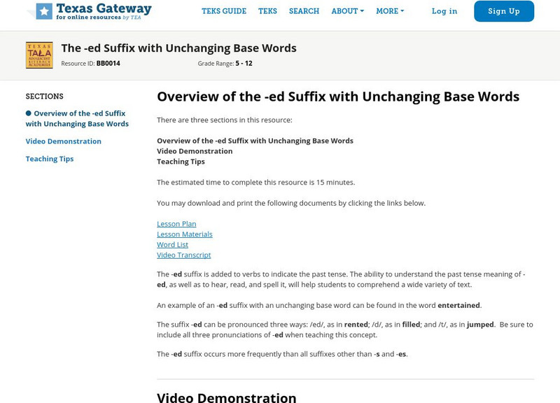 Texas Gateway: Overview of the Ed Suffix With Unchanging Base Words Unit Plan Texas Gateway: Overview of the Ed Suffix With Unchanging Base Words Unit Plan