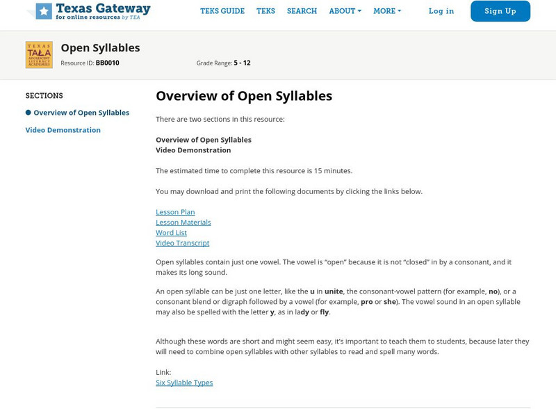 Texas Gateway: Overview of Open Syllables Unit Plan