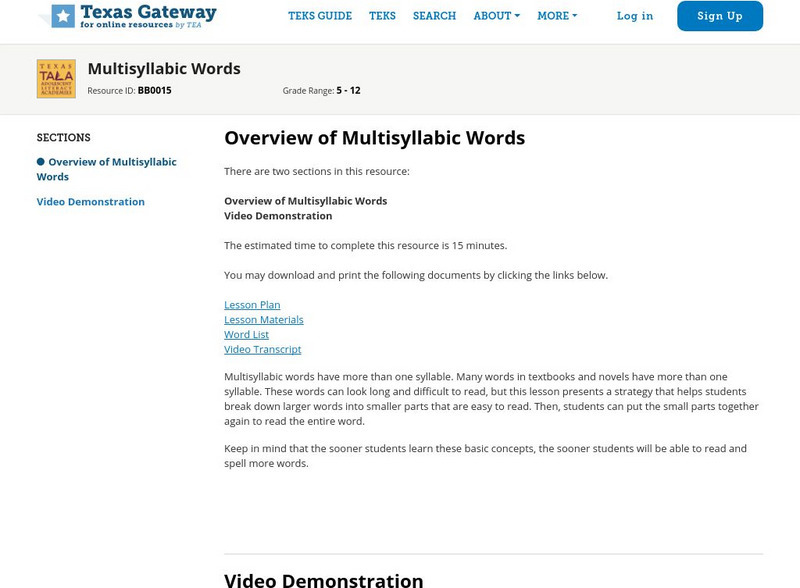Texas Gateway: Overview of Multisyllabic Words Unit Plan Texas Gateway: Overview of Multisyllabic Words Unit Plan