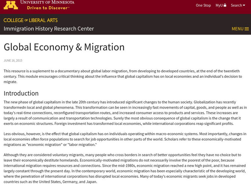 University of Minnesota: Immigration History: Global Economy & Migration Unit Plan University of Minnesota: Immigration History: Global Economy & Migration Unit Plan