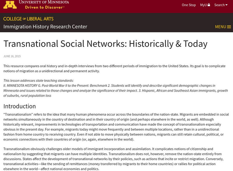 University of Minnesota: Transnational Social Networks: Historically & Today Unit Plan University of Minnesota: Transnational Social Networks: Historically & Today Unit Plan