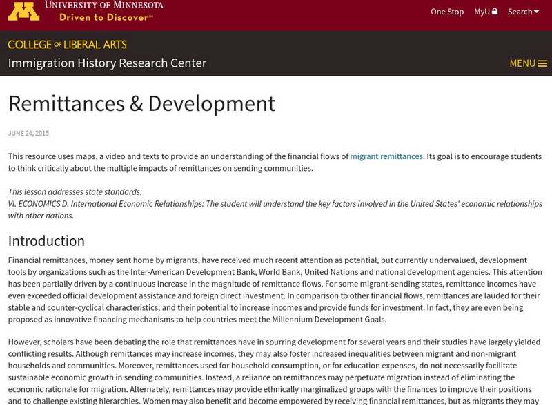 University of Minnesota: Immigration History: Remittances & Development Unit Plan University of Minnesota: Immigration History: Remittances & Development Unit Plan