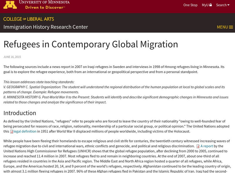 University of Minnesota: Immigration: Refugees in Contemporary Global Migration Unit Plan University of Minnesota: Immigration: Refugees in Contemporary Global Migration Unit Plan