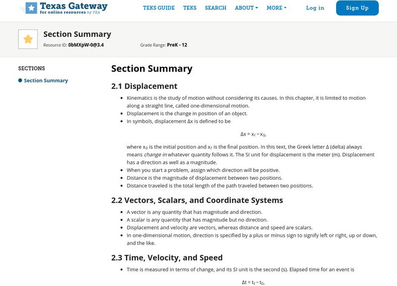 Texas Gateway: Kinematics Section Summary Handout Texas Gateway: Kinematics Section Summary Handout