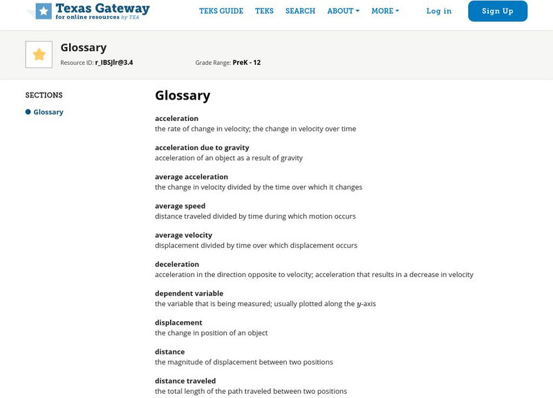 Texas Gateway: Ap Physics: Glossary for Kinematics Handout Texas Gateway: Ap Physics: Glossary for Kinematics Handout
