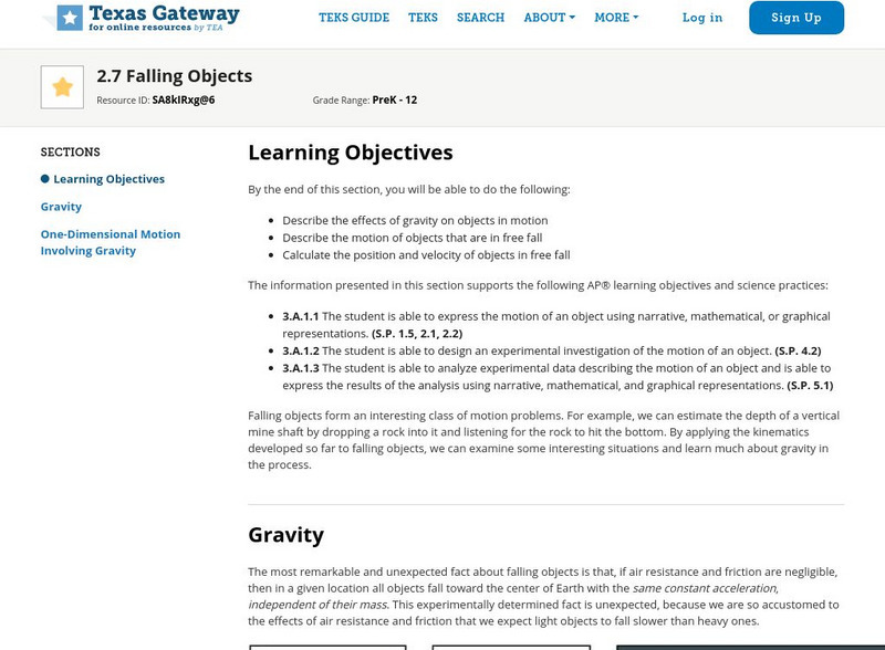 Texas Gateway: Kinematics: Falling Objects Unit Plan