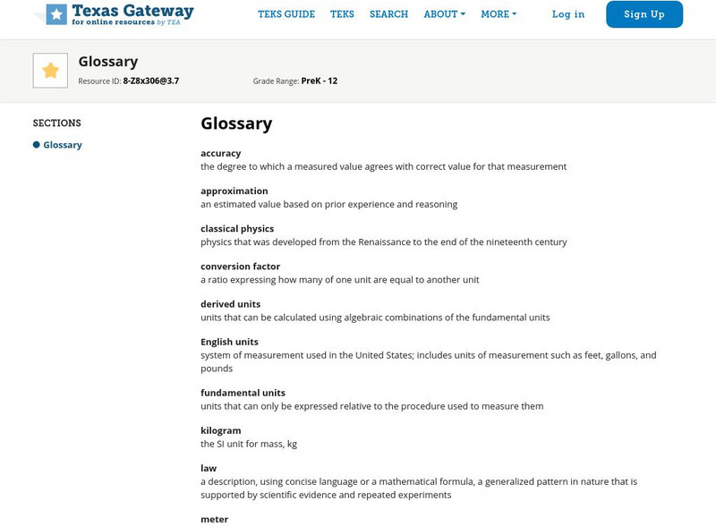 Texas Gateway: Glossary for Introduction to Physics Handout