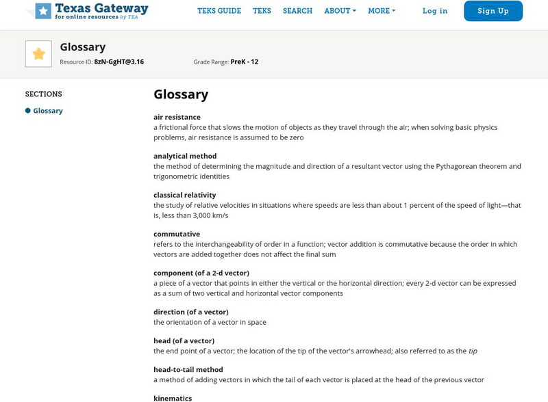 Texas Gateway: Glossary for Kinematics in Two Dimensions Unit Plan