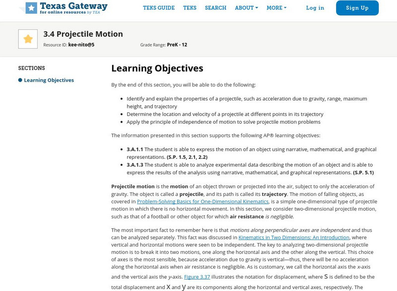 Texas Gateway: Kinematics in Two Dimensions: Projectile Motion Unit Plan
