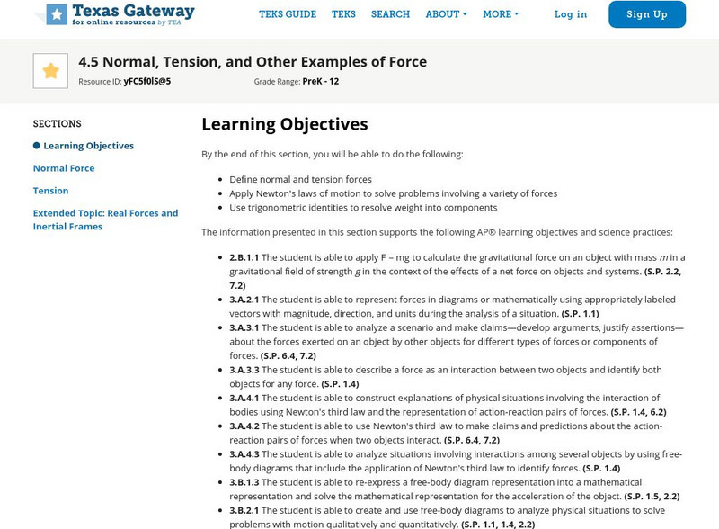 Texas Gateway: 4.5 Normal, Tension, and Other Examples of Force Unit Plan Texas Gateway: 4.5 Normal, Tension, and Other Examples of Force Unit Plan