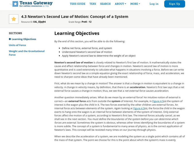 Texas Gateway: 4.3 Newton's Second Law of Motion: Concept of a System Unit Plan Texas Gateway: 4.3 Newton's Second Law of Motion: Concept of a System Unit Plan