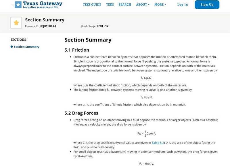 Texas Gateway: 5 Newton's Laws: Friction, Drag, and Elasticity: Summary Unit Plan Texas Gateway: 5 Newton's Laws: Friction, Drag, and Elasticity: Summary Unit Plan