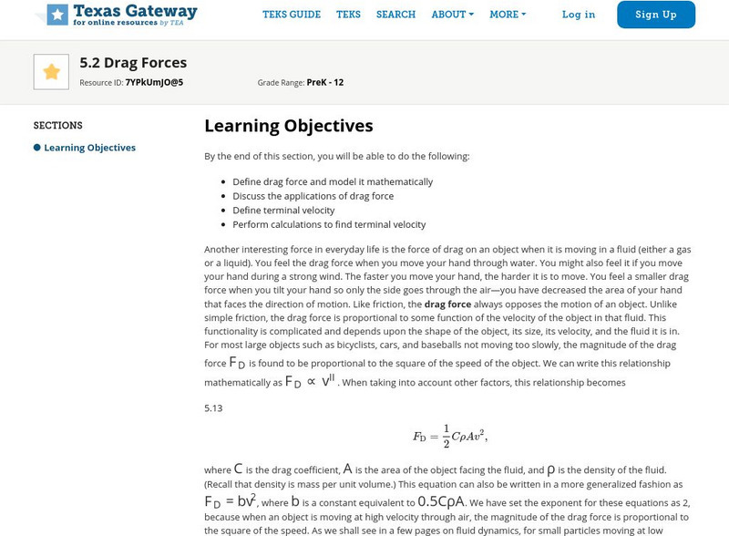 Texas Gateway: 5.2 Further Applications of Newton's Laws: Drag Forces Unit Plan Texas Gateway: 5.2 Further Applications of Newton's Laws: Drag Forces Unit Plan