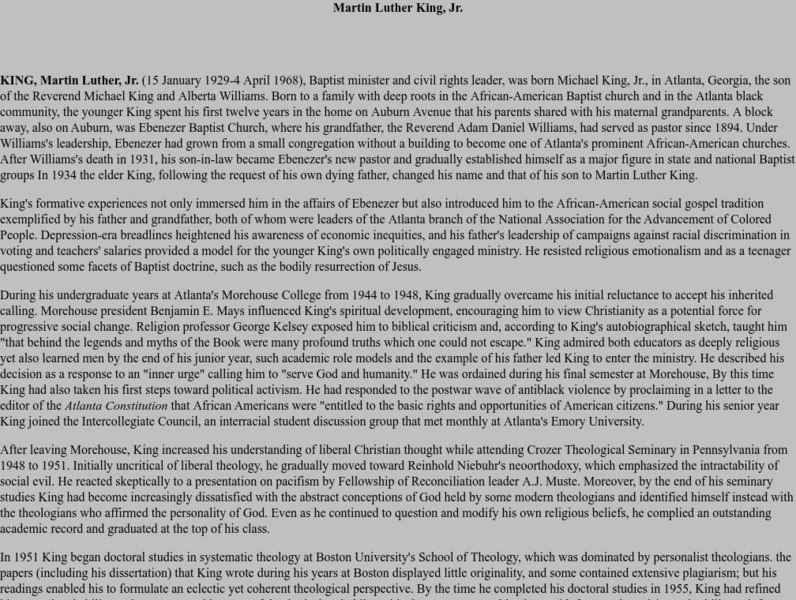 Stanford University: A Biography of Martin Luther King, Jr. Article Stanford University: A Biography of Martin Luther King, Jr. Article