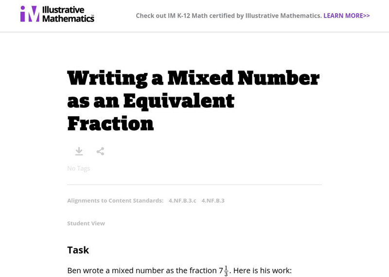 Illustrative Mathematics: 4.nf Writing a Mixed Number as an Equivalent Fraction Unknown Type Illustrative Mathematics: 4.nf Writing a Mixed Number as an Equivalent Fraction Unknown Type