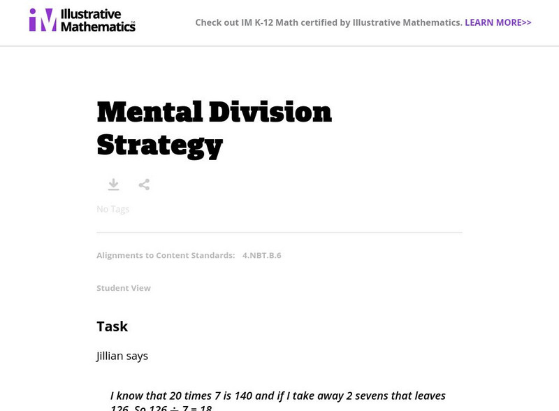 Illustrative Mathematics: 4.nbt Mental Division Strategy Unknown Type Illustrative Mathematics: 4.nbt Mental Division Strategy Unknown Type