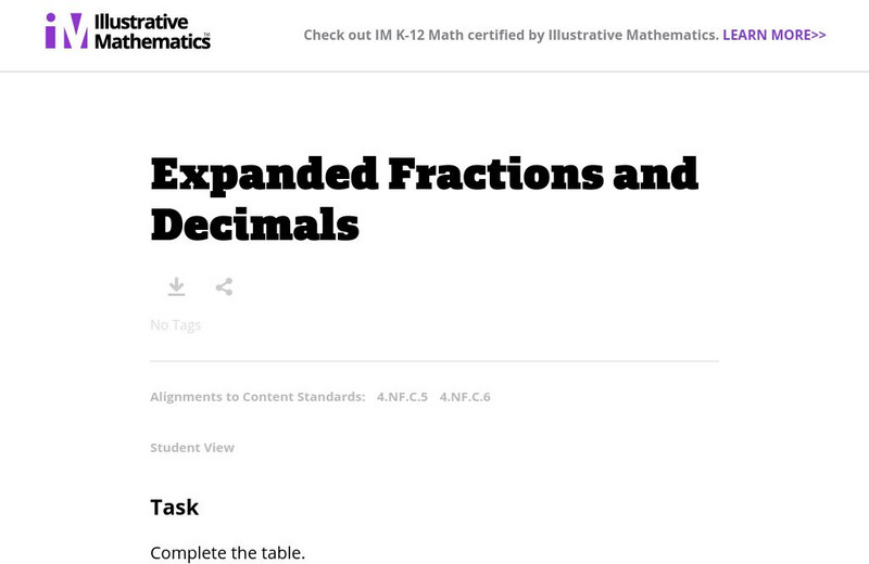 Illustrative Mathematics: 4.nf Expanded Fractions and Decimals Unknown Type Illustrative Mathematics: 4.nf Expanded Fractions and Decimals Unknown Type