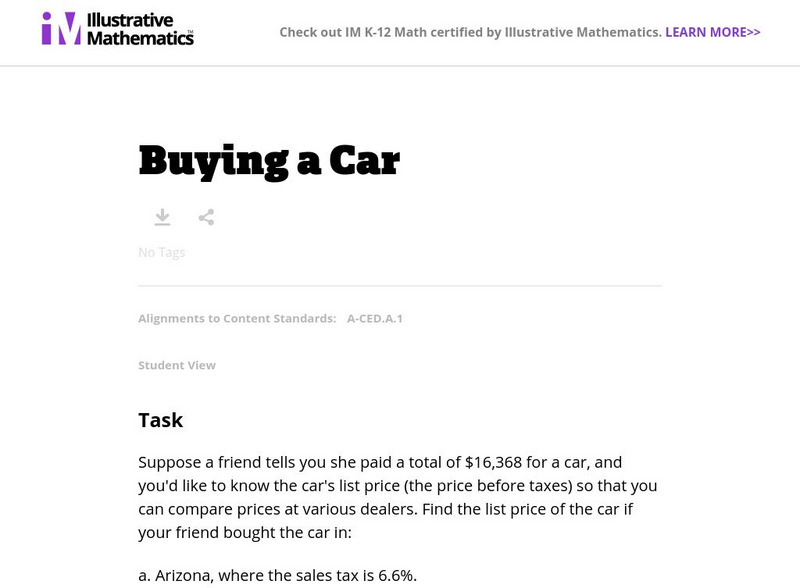 Illustrative Mathematics: A Ced Buying a Car Lesson Plan Illustrative Mathematics: A Ced Buying a Car Lesson Plan